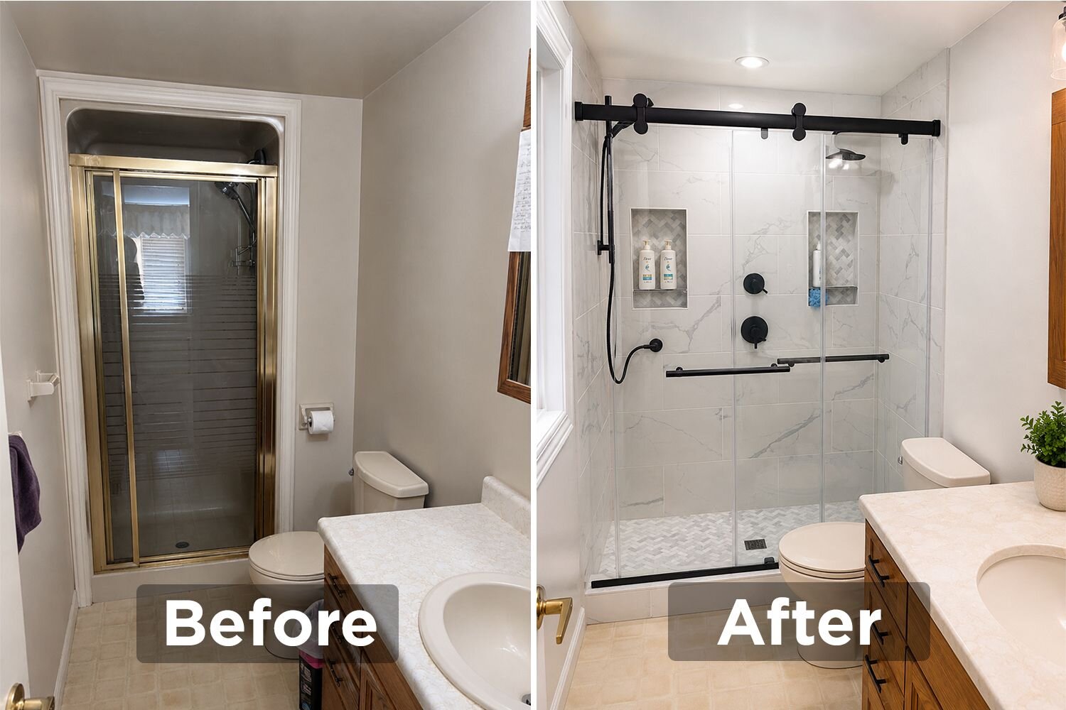 The same bathroom before and after, side by side