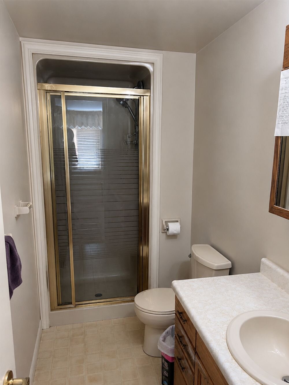 Bathroom before the work: gold-framed sliding shower door over a fibreglass surround