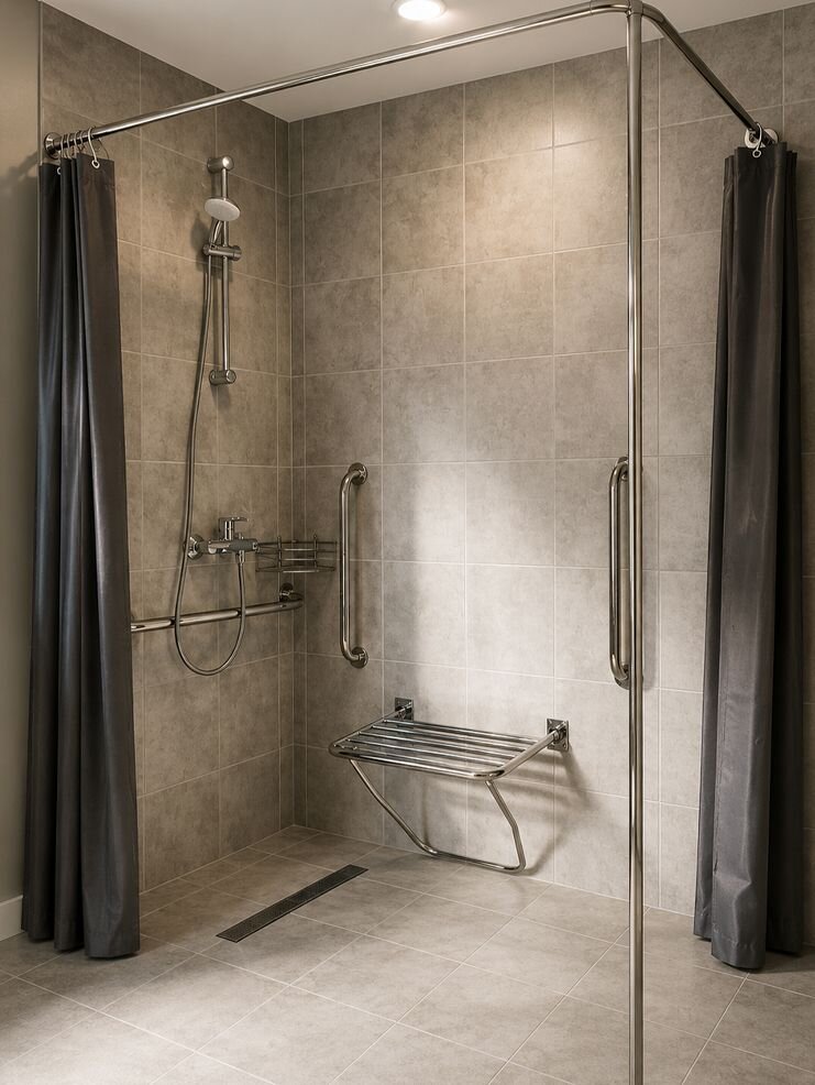 Barrier-free shower with grab bars, a fold-down bench and a low threshold