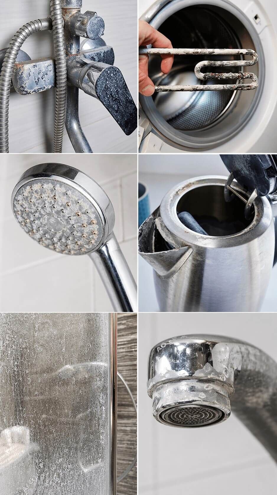 Hard water damage in a home: scale on a kettle element, a crusted showerhead, spotted glassware and a stained tap
