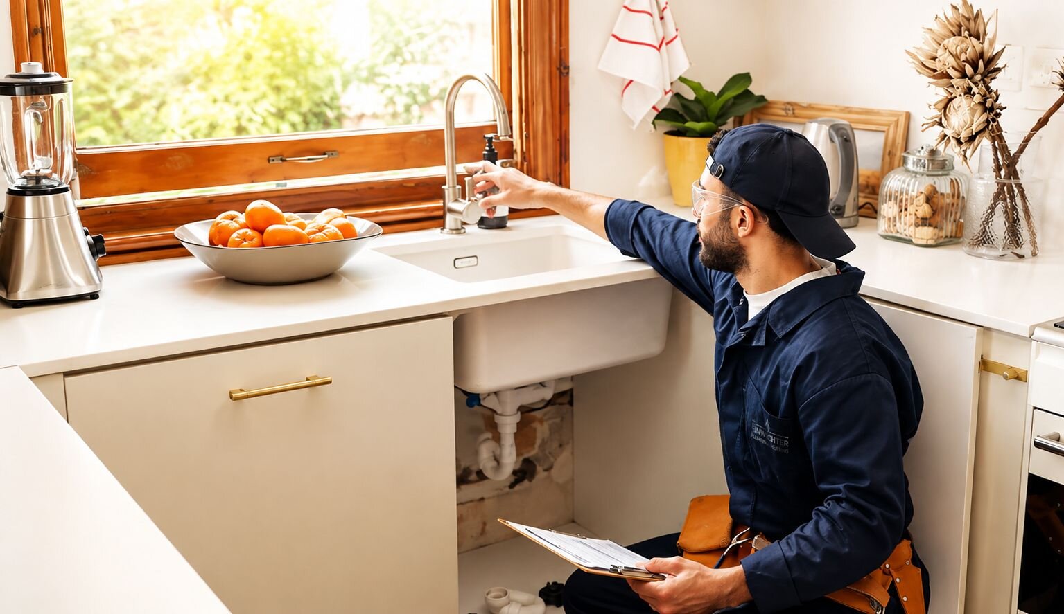 An Einwechter plumber at work under a kitchen sink