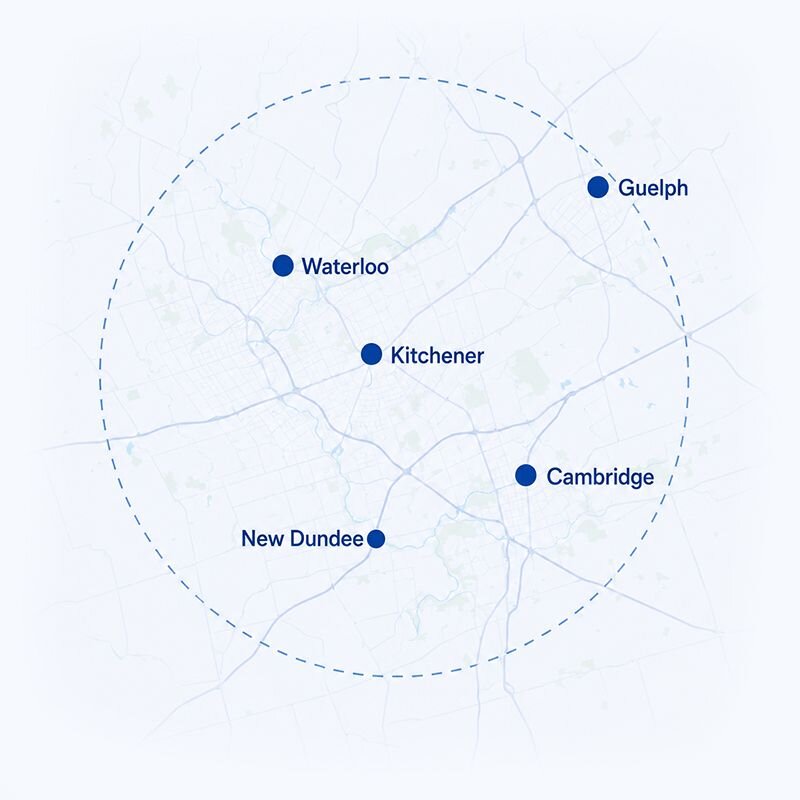 Map of the Einwechter service area covering New Dundee, Kitchener, Waterloo, Cambridge, Guelph and east to Halton Hills