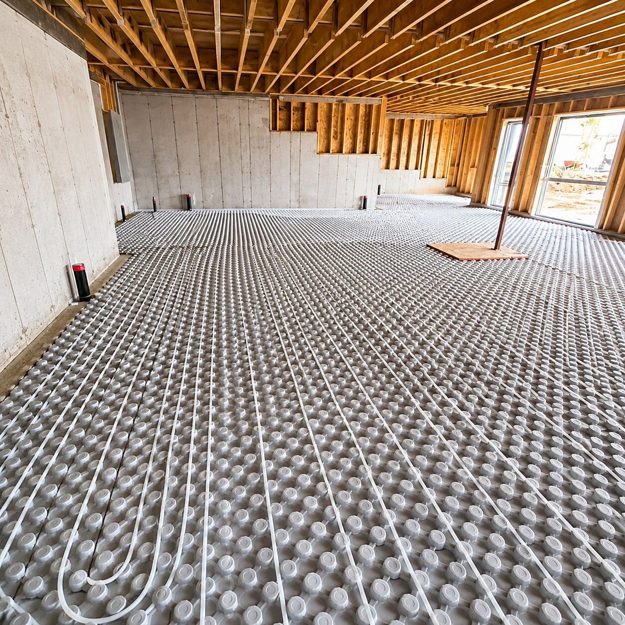 Radiant floor tubing laid across a basement slab before the pour