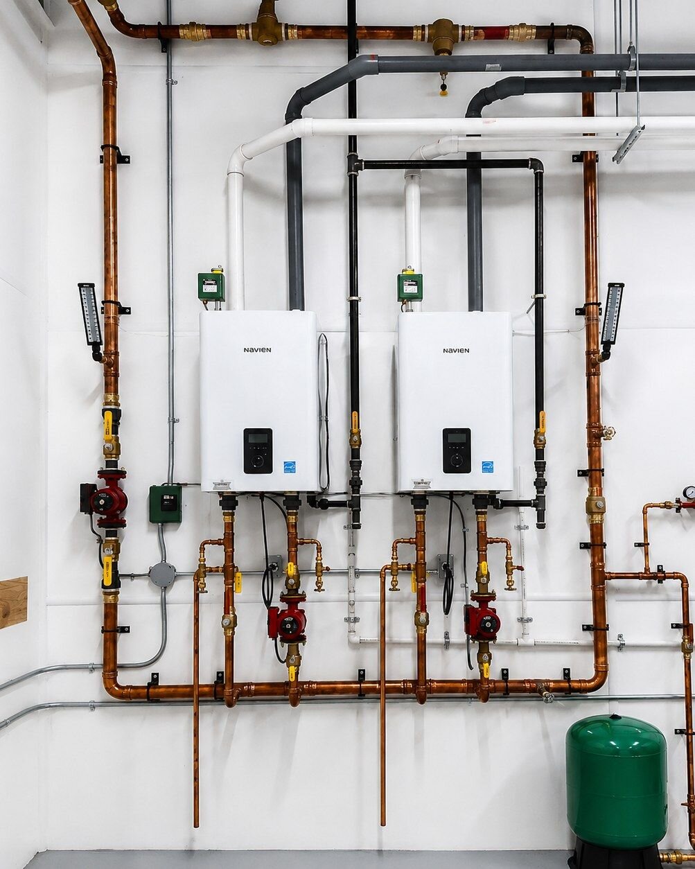 Twin Navien boilers on a copper header in a commercial mechanical room