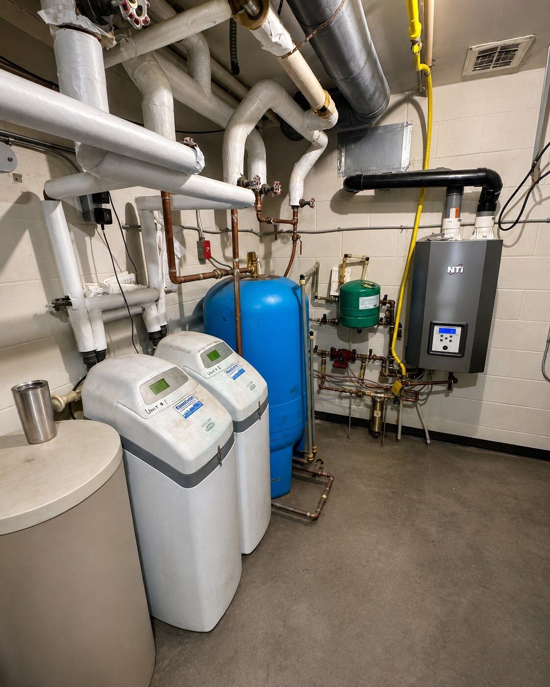 Twin commercial water softeners, brine tank and pressure tank in a commercial mechanical room