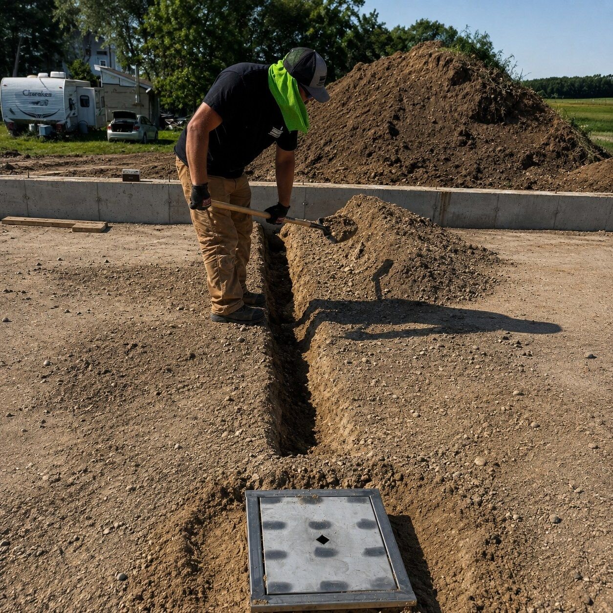 Hand-digging the under-slab drain trench inside a new poured foundation