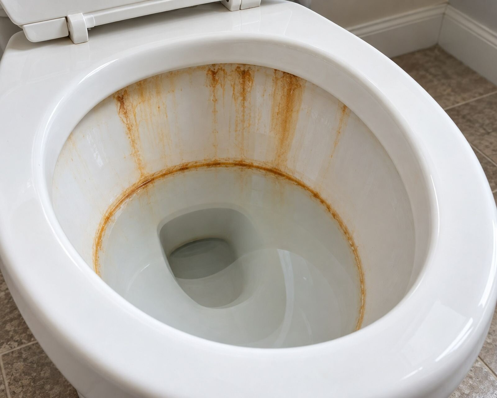 Illustration of orange iron staining in a white toilet bowl caused by iron in we | Iron and sulphur well water treatment, Kitchener-Waterloo Illustration of orange iron staining in a white toilet bowl caused by iron in well water. Illustration by Einwechter Plumbing & Heating, Kitchener-Waterloo