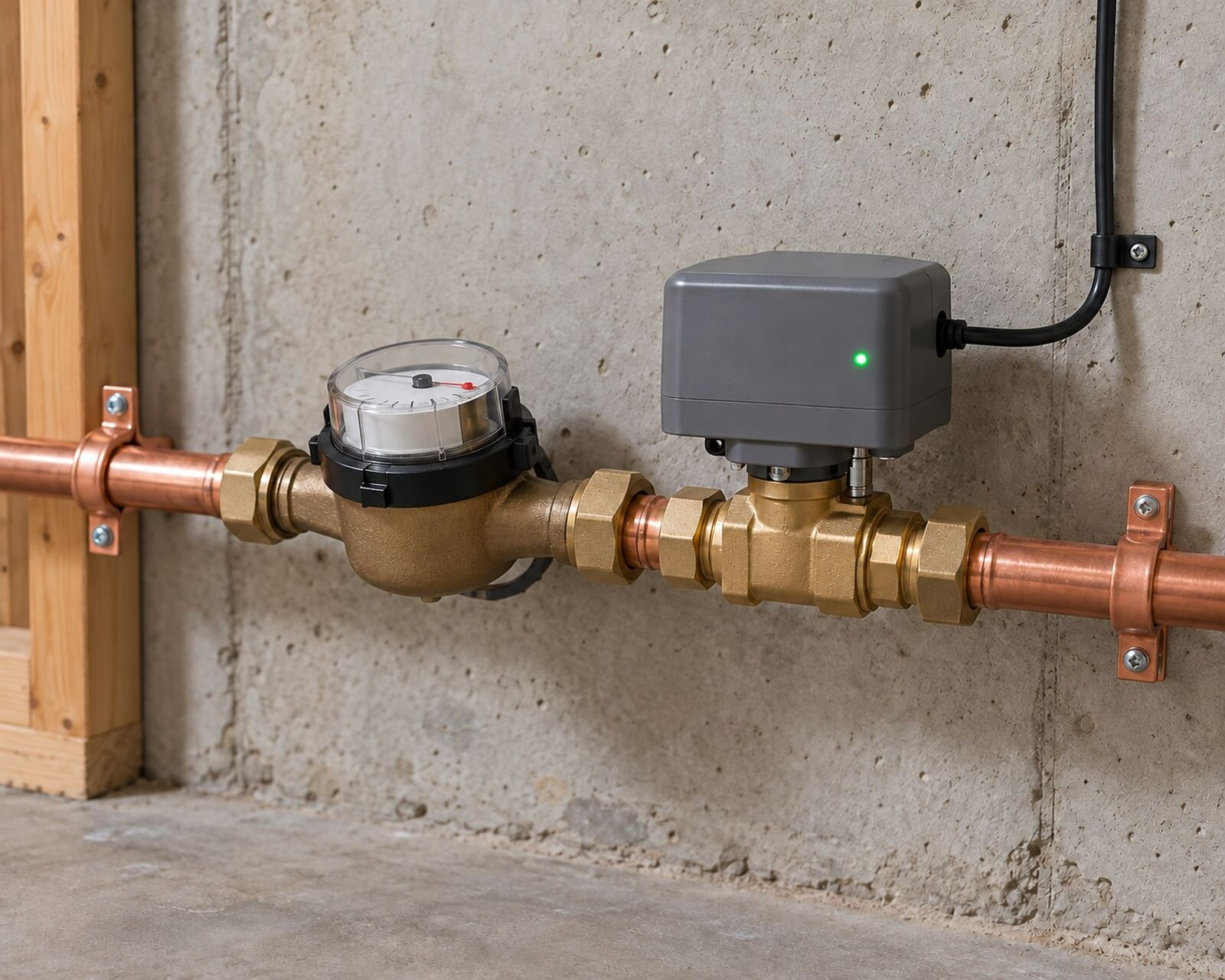 Illustration of a smart water shutoff valve installed on a copper main water lin | Leak detection and water shutoff, Kitchener-Waterloo Illustration of a smart water shutoff valve installed on a copper main water line near the meter. Illustration by Einwechter Plumbing & Heating, Kitchener-Waterloo