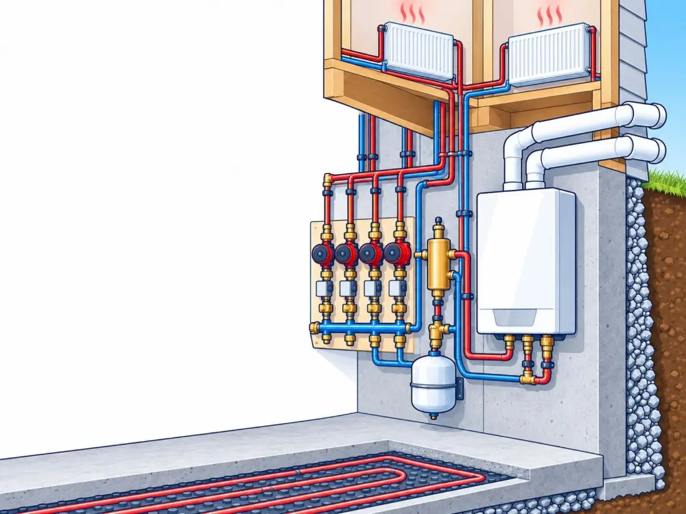 Boiler replacement with new zone piping and equipment. Illustration by Einwechter Plumbing & Heating, Kitchener-Waterloo