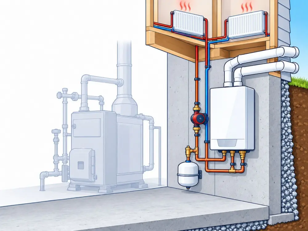 Floor-mount boiler replaced with a wall-hung boiler. Illustration by Einwechter Plumbing & Heating, Kitchener-Waterloo