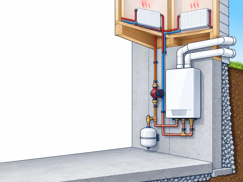 Like-for-like wall-hung boiler replacement. Illustration by Einwechter Plumbing & Heating, Kitchener-Waterloo