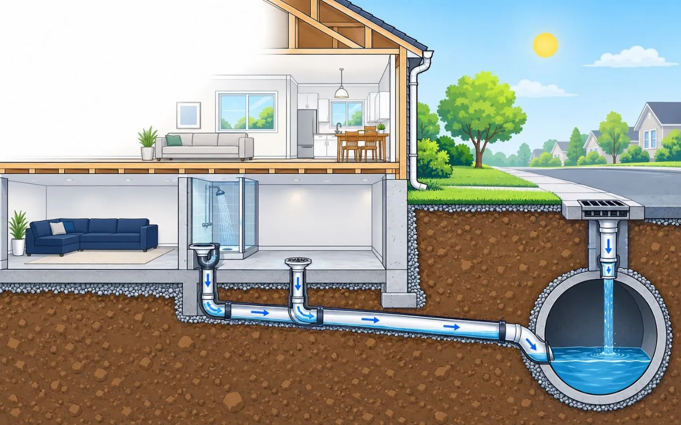 Cutaway of a house draining normally into a city sewer. Illustration by Einwechter Plumbing & Heating