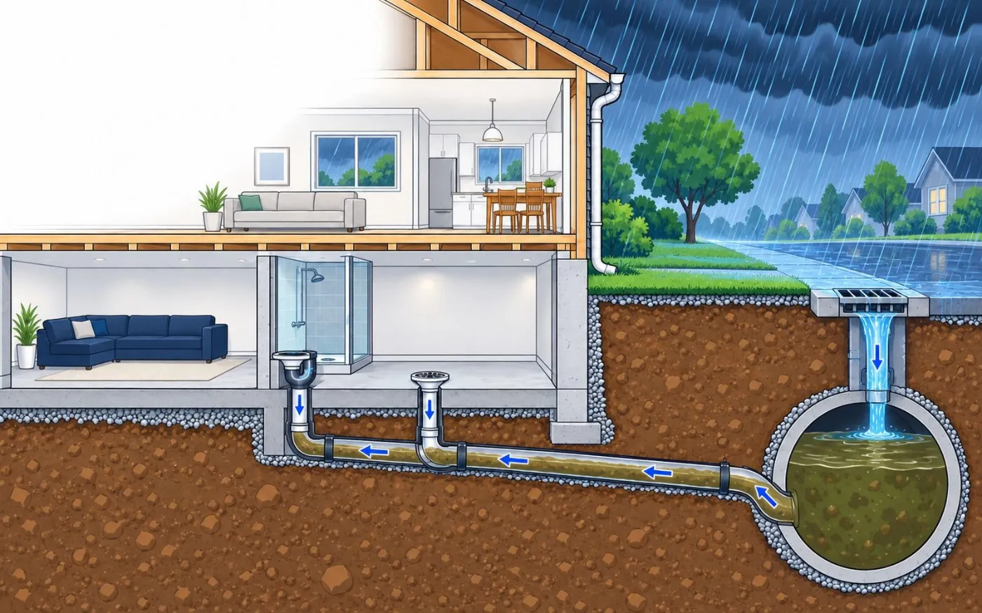 Storm water filling the city sewer. Illustration by Einwechter Plumbing & Heating