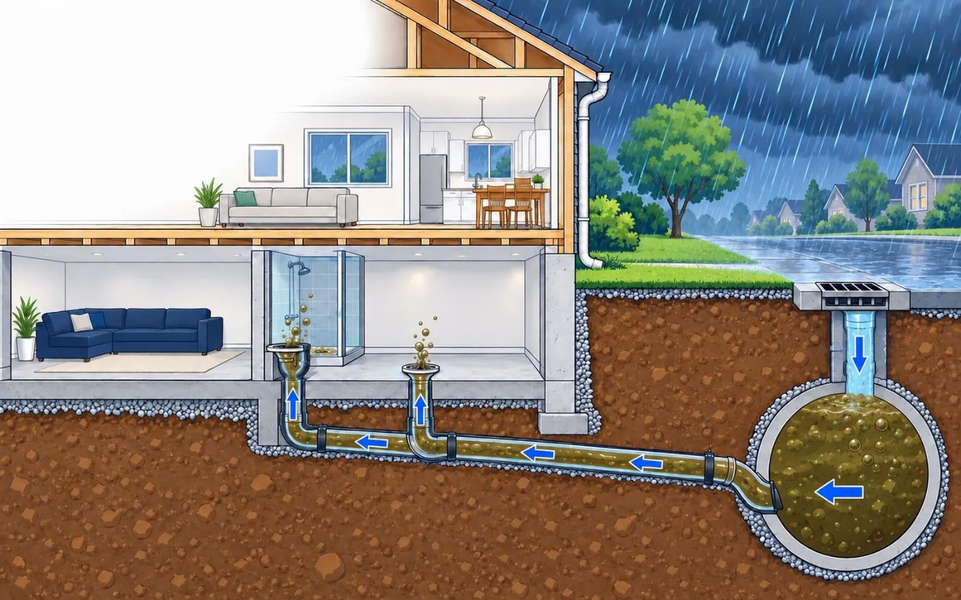 Full sewer pushing water back up a house drain. Illustration by Einwechter Plumbing & Heating