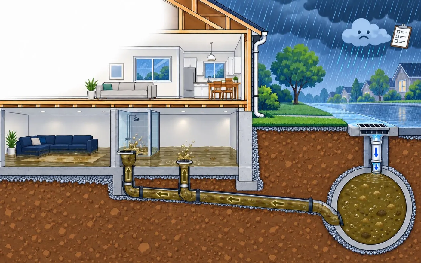 Sewer water flooding a basement through the floor drain. Illustration by Einwechter Plumbing & Heating