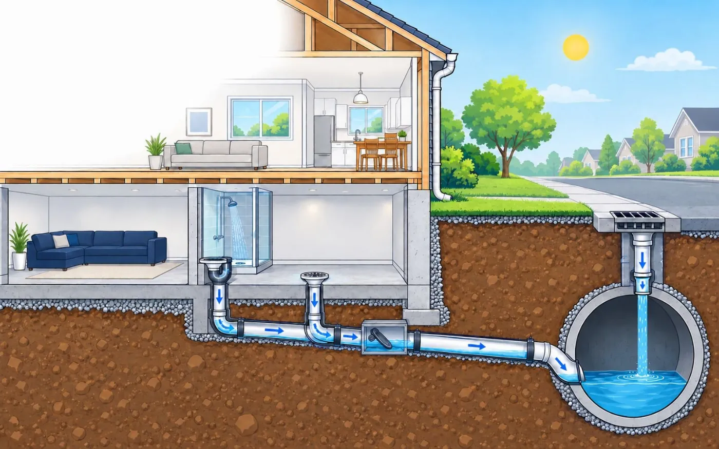 Cutaway of a house with a backwater valve draining normally. Illustration by Einwechter Plumbing & Heating