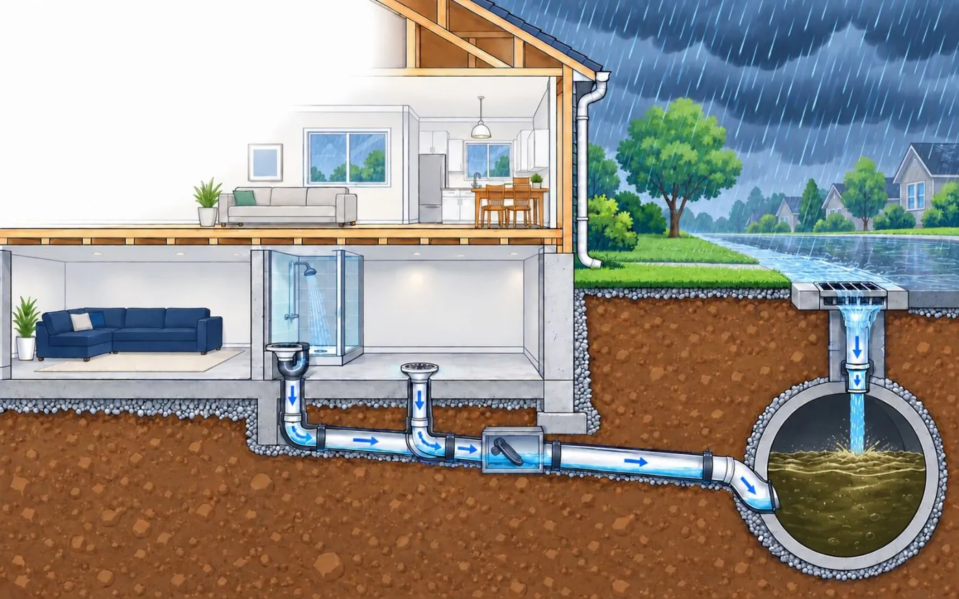 Storm filling the sewer while the backwater valve stays open. Illustration by Einwechter Plumbing & Heating