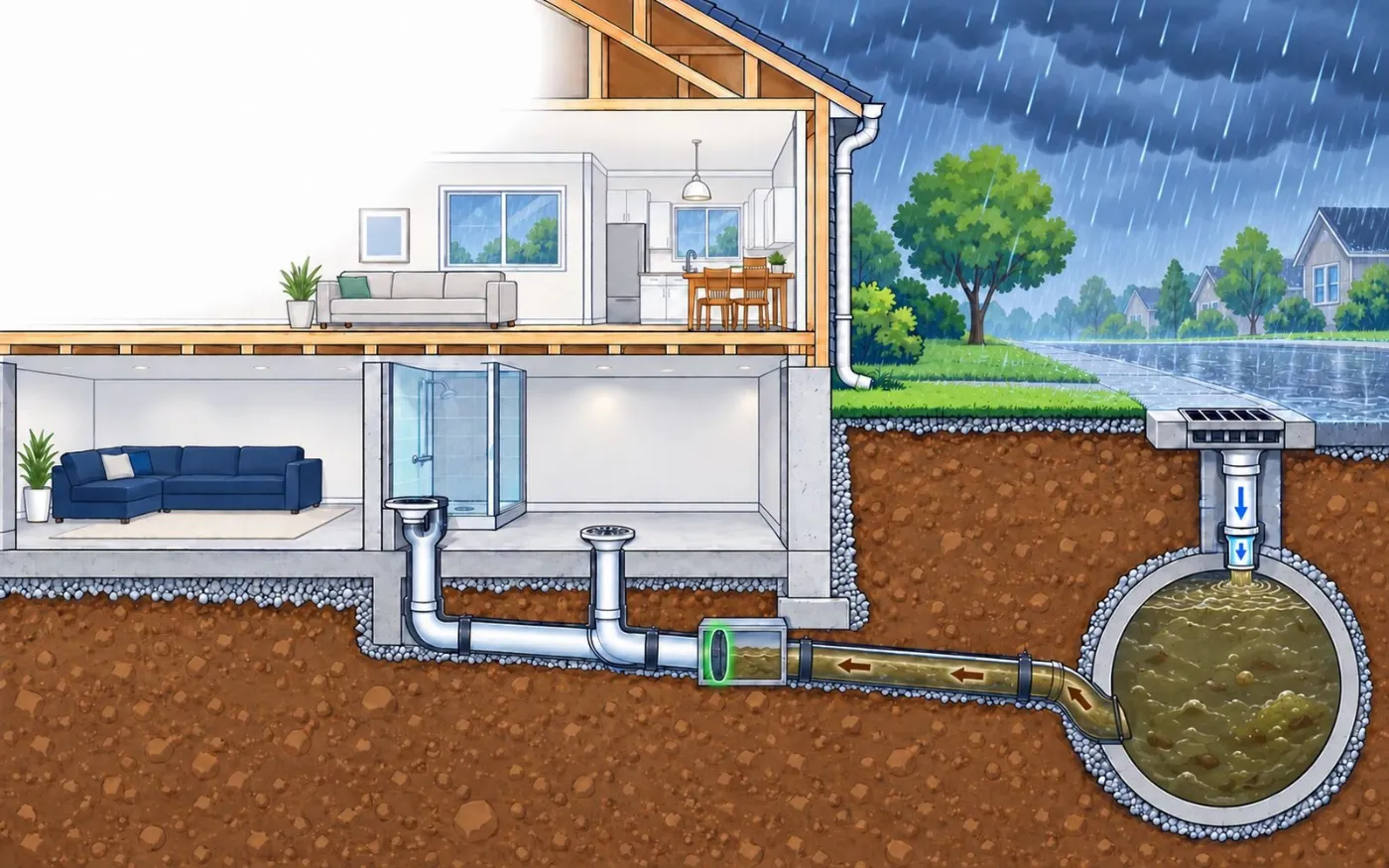 Backwater valve flap closed, holding sewer water out of the house. Illustration by Einwechter Plumbing & Heating