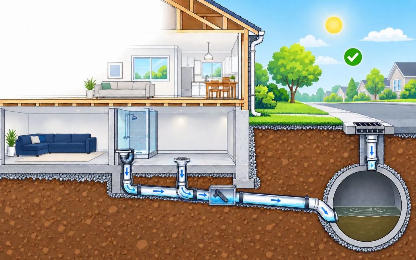 Storm over, backwater valve open again, basement dry. Illustration by Einwechter Plumbing & Heating