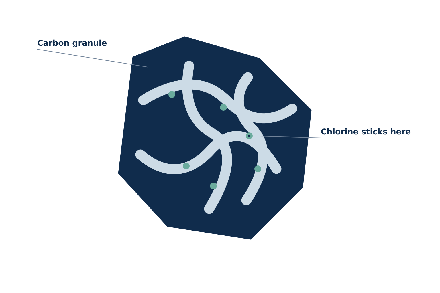 Inside a carbon granule | Whole-home water filtration, Kitchener-Waterloo Inside a carbon granule: a maze of tiny pores that chlorine sticks to as water passes through. Illustration by Einwechter Plumbing & Heating, Kitchener-Waterloo