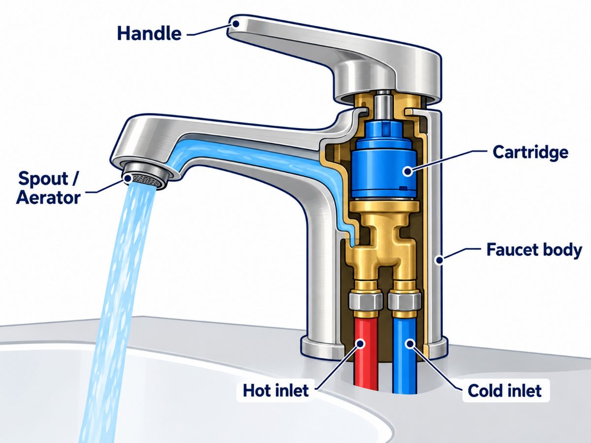 Inside a faucet: cartridge and parts | Faucet repair and installation, Kitchener-Waterloo Faucet cutaway showing the handle, cartridge, faucet body, spout and aerator, and the hot and cold supply lines. Illustration by Einwechter Plumbing & Heating, Kitchener-Waterloo