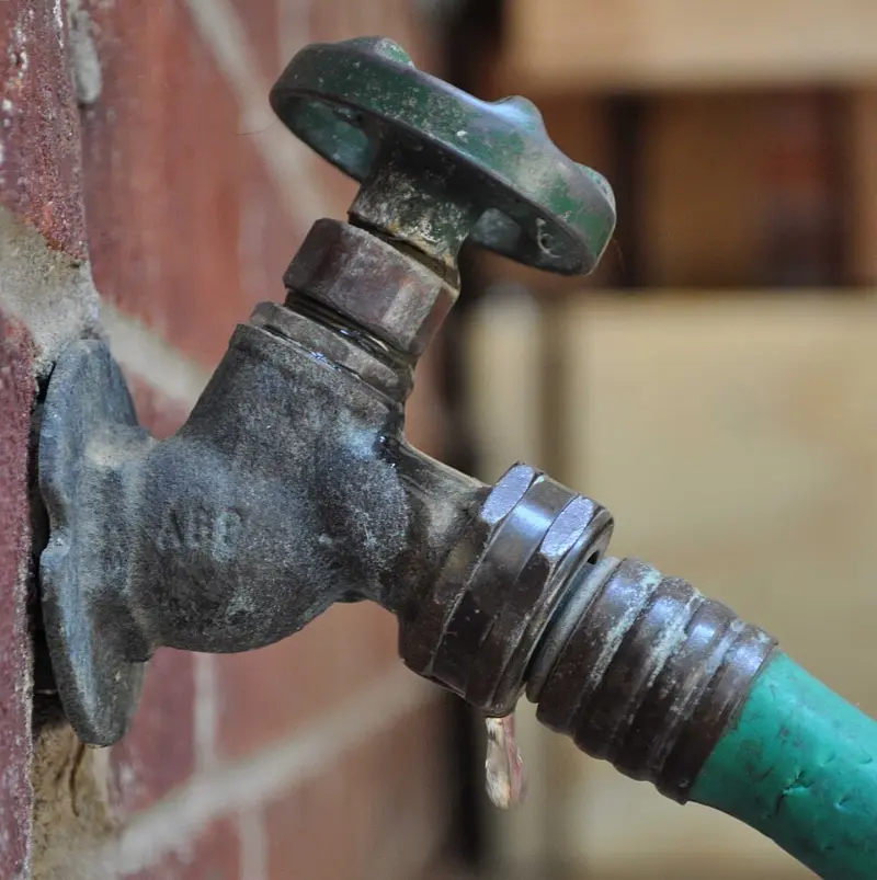 Green garden hose still attached to an outdoor tap on a brick wall. Left on over winter, a hose traps water in a frost-free tap and splits it inside the wall