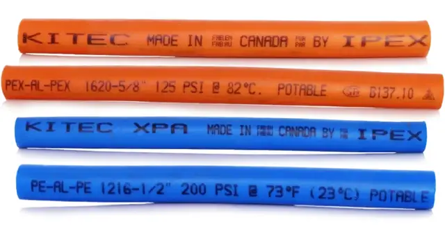 What KITEC pipe markings look like | KITEC plumbing replacement, Kitchener-Waterloo Orange and blue KITEC pipe printed with KITEC, Made in Canada by IPEX, PEX-AL-PEX and PE-AL-PE markings – KITEC plumbing replacement, Einwechter Plumbing & Heating, Kitchener-Waterloo
