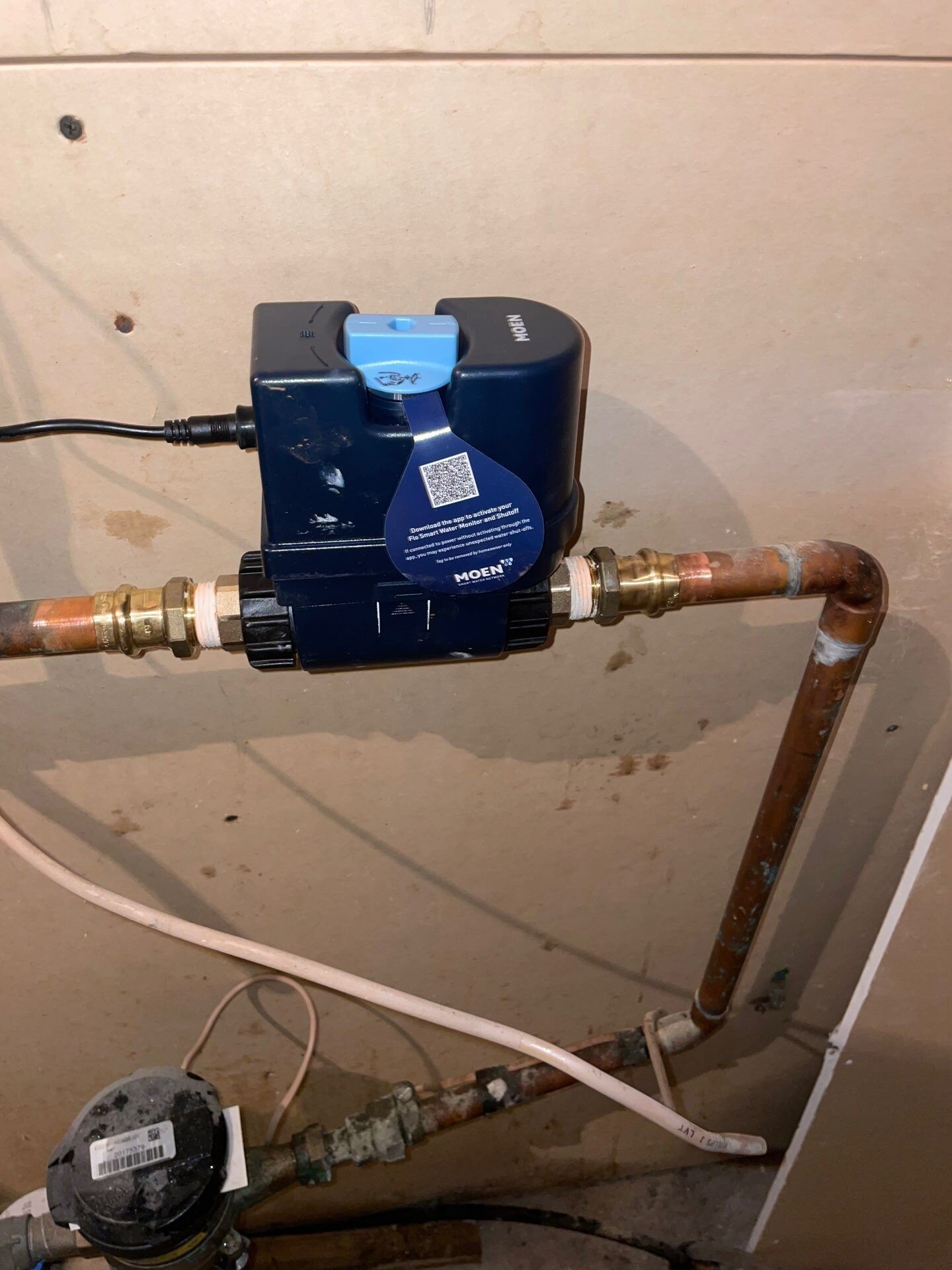 Moen Flo smart water shutoff installed | Basement flood protection, Kitchener-Waterloo Moen Flo smart water shutoff installed on the copper main water line in a basement, Einwechter Plumbing & Heating, Kitchener-Waterloo