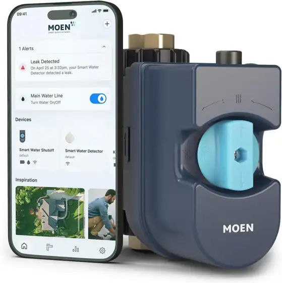 Moen smart water shutoff and phone app | Leak detection and water shutoff, Kitchener-Waterloo Moen smart water shutoff valve installed on the main water line, with the Moen app showing a leak alert and the main water on/off switch. Supplied and installed by Einwechter Plumbing & Heating, Kitchener-Waterloo
