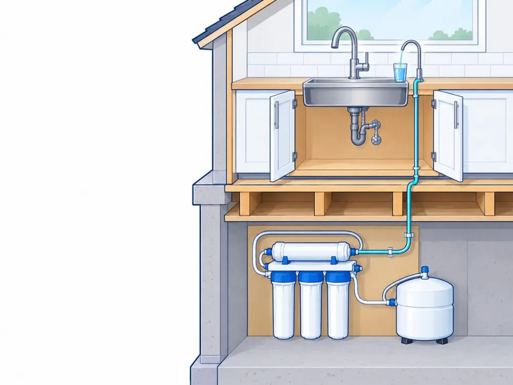 Reverse osmosis system in a utility room with a line to the kitchen sink. Illustration by Einwechter Plumbing & Heating, Kitchener-Waterloo