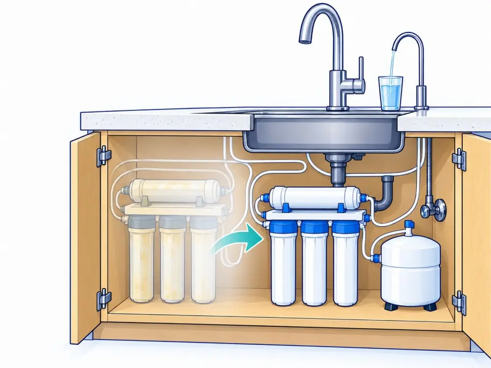 Old reverse osmosis system swapped for a new one. Illustration by Einwechter Plumbing & Heating, Kitchener-Waterloo