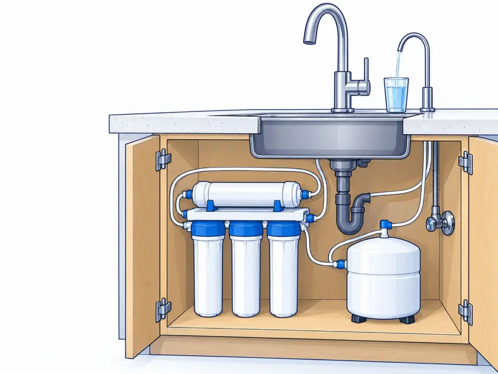 Reverse osmosis system under a kitchen sink. Illustration by Einwechter Plumbing & Heating, Kitchener-Waterloo