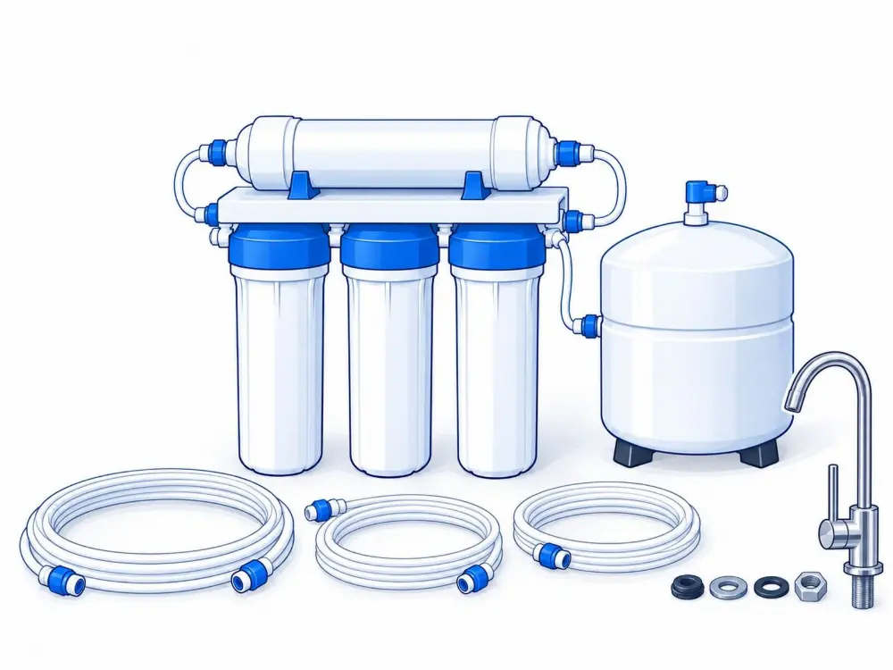 Reverse osmosis system unit and parts. Illustration by Einwechter Plumbing & Heating, Kitchener-Waterloo