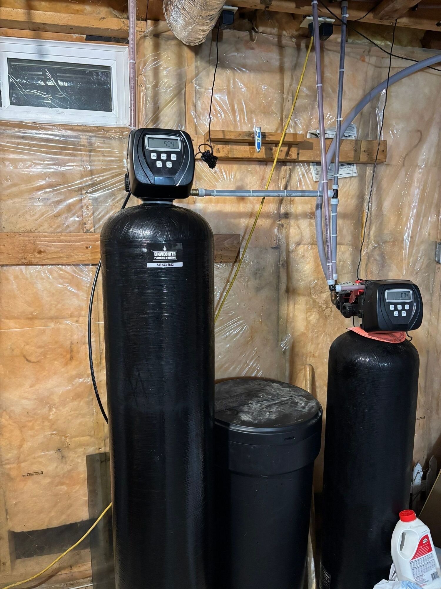 Iron filter and water softener installed | Iron and sulphur well water treatment, Kitchener-Waterloo Air injection iron filter and water softener installed together on a well system by Einwechter Plumbing & Heating, Kitchener-Waterloo