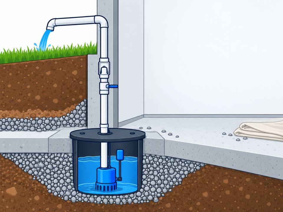 New sump pit installation | Kitchener-Waterloo, Cambridge and Guelph New sump pit installation: sealed basin set in the basement floor, connected to weeping tile, discharge carried away from the house. Illustration by Einwechter Plumbing & Heating, Kitchener-Waterloo