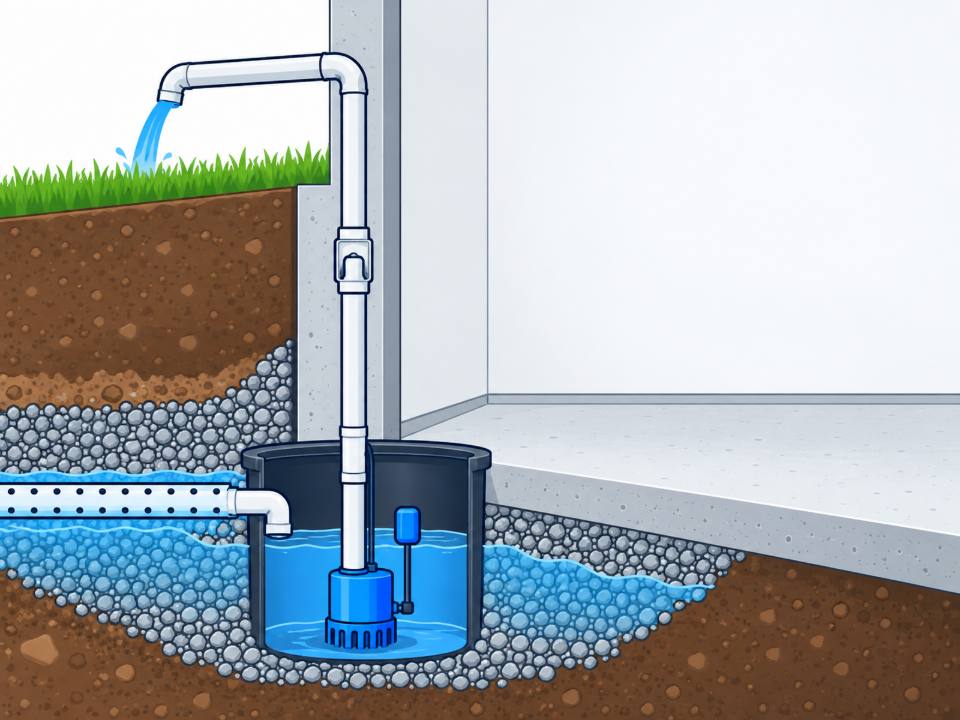 Sump pump replacement | Kitchener-Waterloo, Cambridge and Guelph Sump pump replacement: new pump in the existing basement sump pit, discharge line running outside away from the house. Illustration by Einwechter Plumbing & Heating, Kitchener-Waterloo