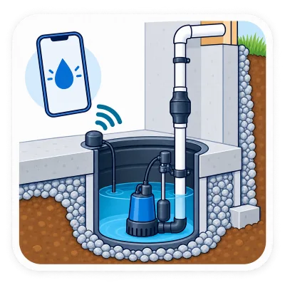 Wi-Fi high-water alarm. Illustration by Einwechter Plumbing & Heating