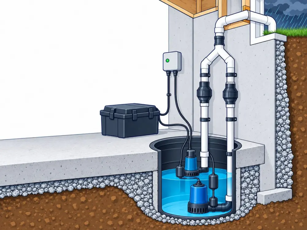 New sump pump plus a battery backup pump. Illustration by Einwechter Plumbing & Heating, Kitchener-Waterloo