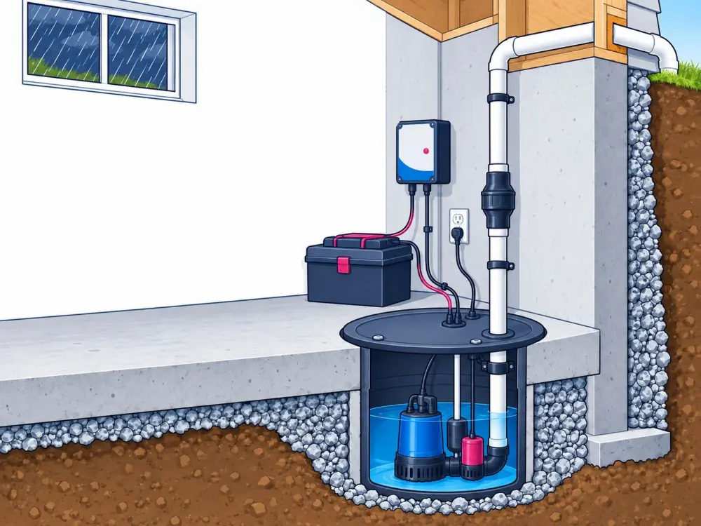 New sump pit with main and backup pumps. Illustration by Einwechter Plumbing & Heating, Kitchener-Waterloo