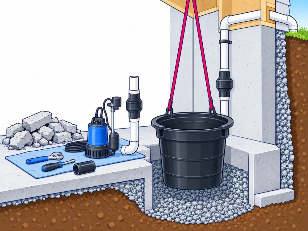 New sump pit being cut into a basement floor. Illustration by Einwechter Plumbing & Heating, Kitchener-Waterloo