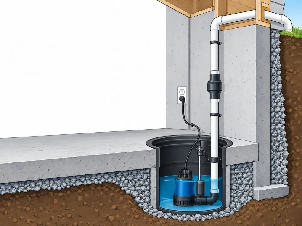 Sump pump replaced in an existing pit. Illustration by Einwechter Plumbing & Heating, Kitchener-Waterloo