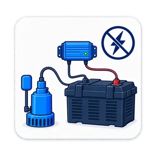 Battery backup sump pump | Kitchener-Waterloo Battery backup sump pump add-on. Illustration by Einwechter Plumbing & Heating, Kitchener-Waterloo