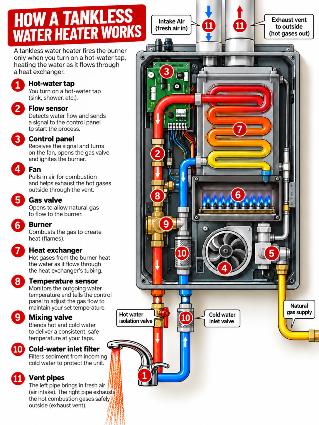 How a tankless water heater works, illustration by Einwechter Plumbing & Heating, New Dundee ON Diagram of how a tankless water heater works: flow sensor, control panel, gas valve, burner, heat exchanger, temperature sensor, inlet filter and intake and exhaust vents. Illustration by Einwechter Plumbing & Heating, Kitchener-Waterloo.