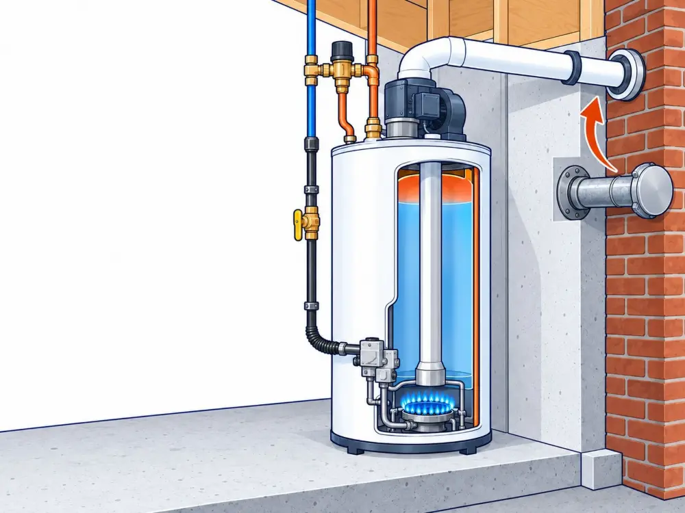Chimney-vented gas water heater changed to a power-vented tank. Illustration by Einwechter Plumbing & Heating, Kitchener-Waterloo
