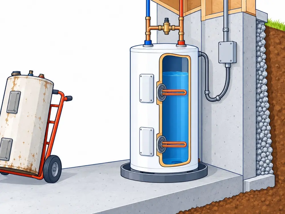 40 gallon electric water heater replacement. Illustration by Einwechter Plumbing & Heating, Kitchener-Waterloo