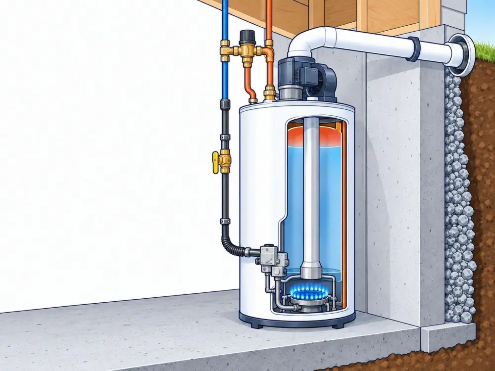50 gallon power-vented gas water heater. Illustration by Einwechter Plumbing & Heating, Kitchener-Waterloo