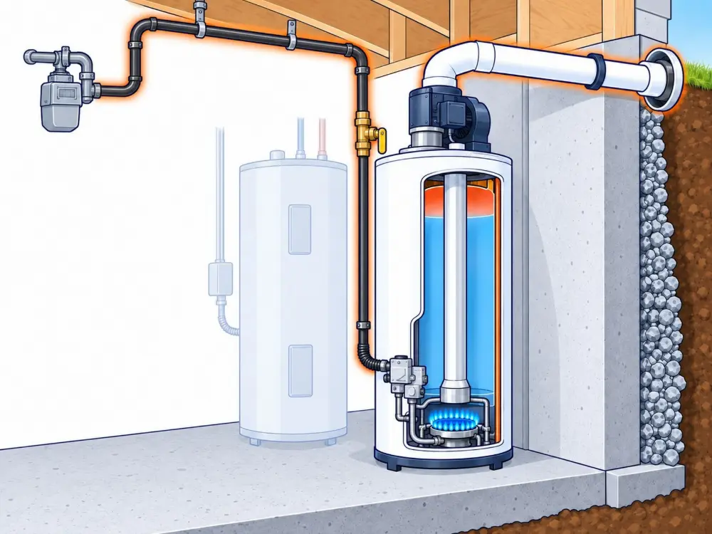 Electric water heater switched to a power-vented gas tank. Illustration by Einwechter Plumbing & Heating, Kitchener-Waterloo