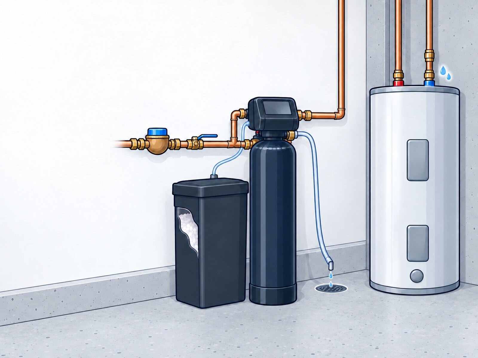 Water softener installation cost | Kitchener-Waterloo 30,000 grain water softener and brine tank in a basement utility room. Illustration by Einwechter Plumbing & Heating, Kitchener-Waterloo