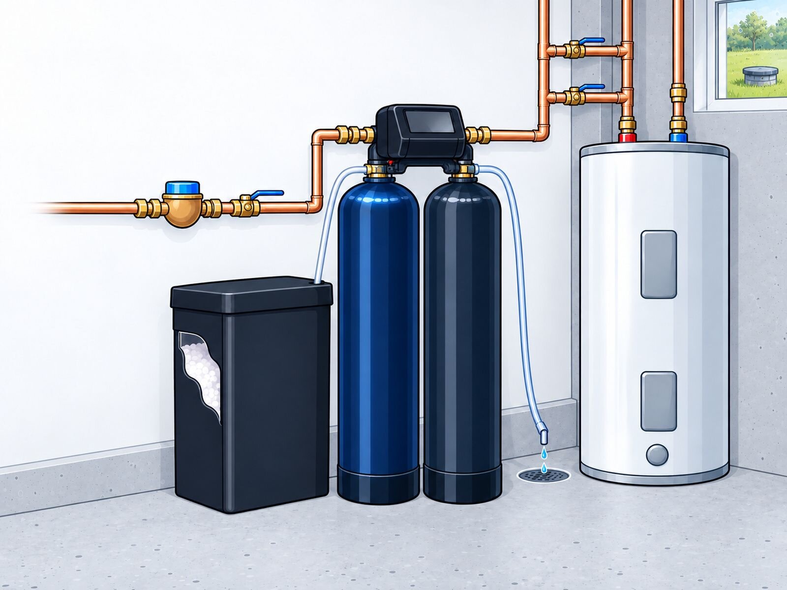 Water softener installation cost | Kitchener-Waterloo Twin alternating water softener with two resin tanks and one brine tank. Illustration by Einwechter Plumbing & Heating, Kitchener-Waterloo